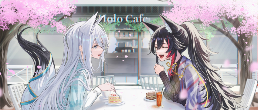 2girls absurdres alternate_costume animal_ear_fluff animal_ears black_hair black_sweater braid cake chair cherry_blossoms commentary_request day food fork fox_ears fox_girl fox_tail glass green_eyes hair_between_eyes highres holding holding_fork hololive hz_(helu_2) long_hair long_sleeves looking_at_another multicolored_hair multiple_girls ookami_mio open_mouth outdoors pentagram ponytail red_hair ribbon shirakami_fubuki shirt sidelocks single_braid sitting smile streaked_hair sweater table tail tail_ornament tail_ribbon virtual_youtuber white_hair white_shirt wolf_ears wolf_girl