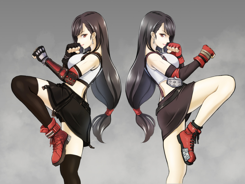 arm_guards black_gloves black_hair black_skirt brown_eyes comparison crop_top dual_persona earrings elbow_gloves fighting_stance final_fantasy final_fantasy_vii final_fantasy_vii_remake fingerless_gloves from_side gloves grey_background highres ivuki jewelry leg_up long_hair looking_at_viewer low-tied_long_hair red_footwear red_gloves shorts shorts_under_skirt skirt sleeveless smile suspenders symmetrical_pose thighhighs tifa_lockhart