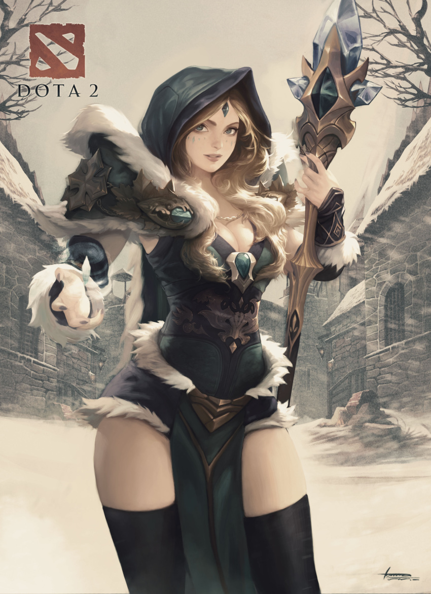 absurdres arm_guards armor black_thighhighs blonde_hair blue_cape blue_dress blue_eyes blue_hood breasts cape cleavage coat commentary copyright_name cowboy_shot crystal_maiden dota_(series) dota_2 dress english_commentary female forehead_jewel fur_coat fur_dress highres holding holding_staff lips logo long_hair lonwa_a looking_at_viewer nail_polish outdoors pauldrons pelvic_curtain purple_nails sepia shoulder_armor signature sky snow snowing solo staff stone_wall thighhighs wall white_sky