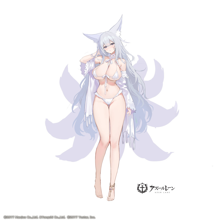 absurdres animal_ear_fluff animal_ears azur_lane bare_shoulders barefoot bikini blush breasts cleavage commentary_request company_name copyright_name female fox_ears fox_girl fox_tail full_body hand_up highres large_breasts logo long_hair long_sleeves looking_at_viewer multiple_tails navel off_shoulder official_art purple_eyes second-party_source shinano_(azur_lane) shinano_(dreamy_white_sands)_(azur_lane) soaryuna standing stomach swimsuit tail thighs toes white_background white_bikini