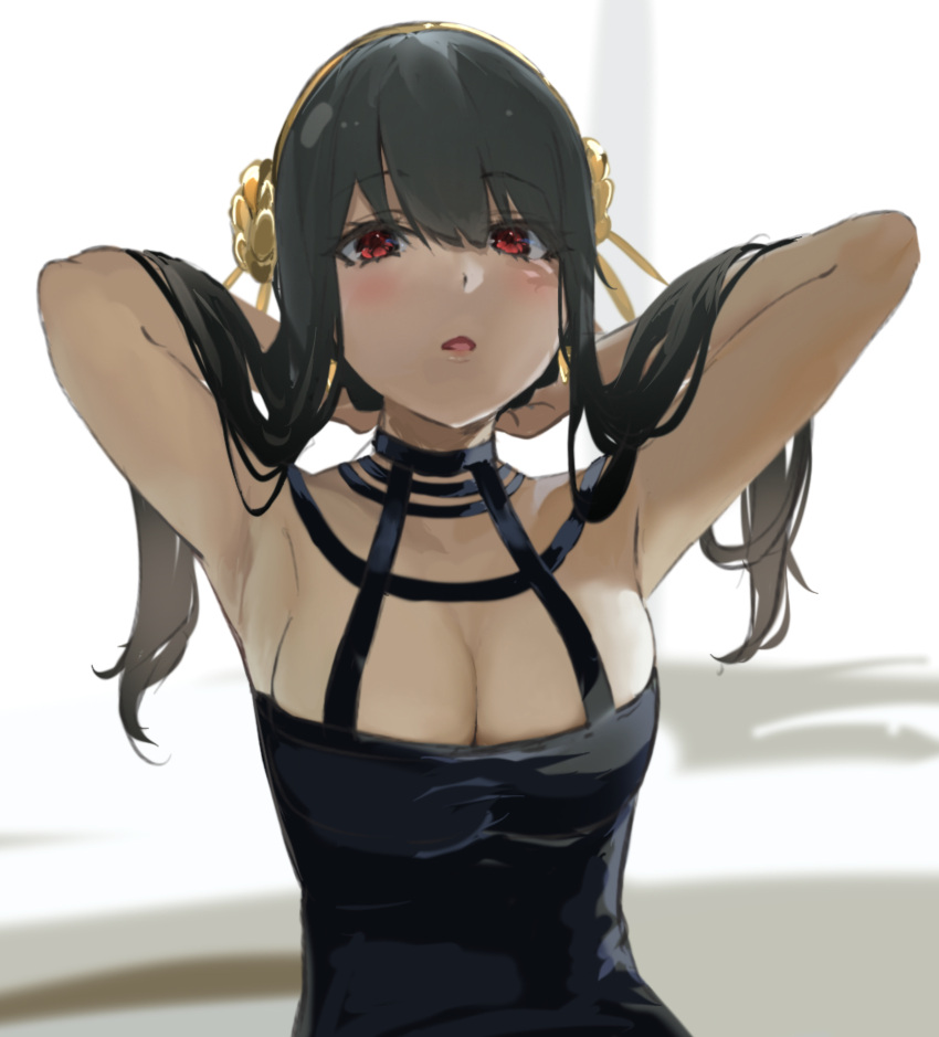 armpits arms_up bad_id bad_pixiv_id black_dress black_hair blush breasts cleavage dress female flower gold_hairband hair_between_eyes hair_flower hair_ornament hairband highres icehotmilktea long_hair looking_at_viewer medium_breasts open_mouth red_eyes rose short_hair_with_long_locks sidelocks sleeveless sleeveless_dress solo spy_x_family upper_body yor_briar