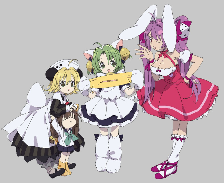 4girls ahoge animal_ears animal_hands animal_hat apron bare_shoulders bell blonde_hair blue_skirt breasts brown_hair cat_ears cat_hat cat_tail cleavage coupon_(skyth) dejiko di_gi_charat dice_hair_ornament full_body gema gloves green_eyes green_hair grey_background hair_ornament hat jingle_bell large_breasts long_hair long_sleeves looking_at_viewer maid_apron mary_janes miniskirt multiple_girls one_eye_closed open_mouth panda_ears paw_gloves paw_shoes pink_hair piyoko pleated_skirt puchiko purple_footwear rabbit_ears red_eyes ribbon sailor_collar school_uniform serafuku shoes short_hair simple_background skirt smile socks standing stretching tail twintails usada_hikaru very_long_hair waving white_headwear white_legwear