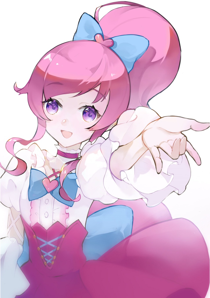 :d blue_bow blue_bowtie bow bowtie choker female hairbow heart high_ponytail highres juliet_sleeves kiratto_pri_chan long_sleeves looking_at_viewer momoyama_mirai neko_(ganecooo) open_mouth pink_choker pink_hair pink_skirt ponytail pretty_series puffy_sleeves purple_eyes reaching reaching_towards_viewer simple_background skirt smile solo white_background