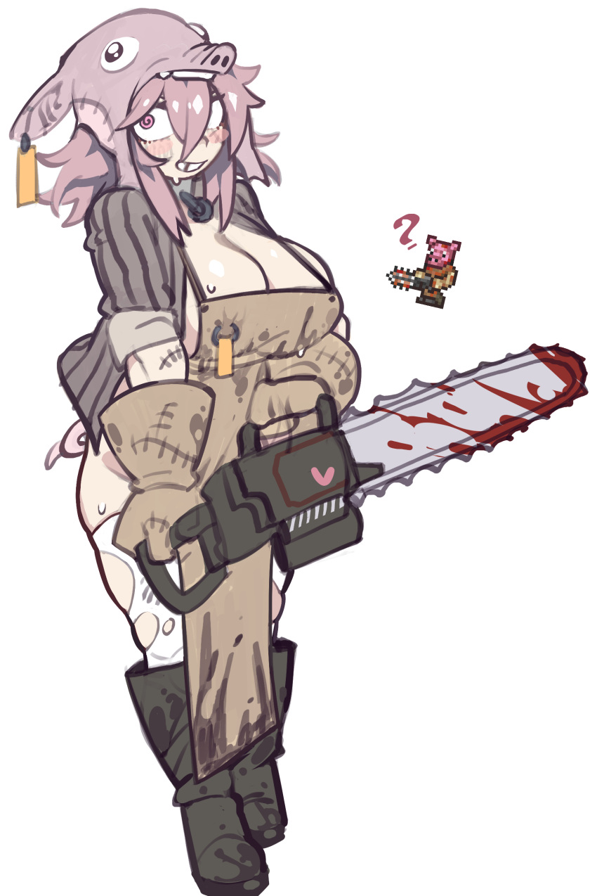 @_@ absurdres apron blood blush_stickers boots breasts brown_apron brown_gloves butcher_(terraria) chainsaw cleavage ear_tag female gloves green_footwear hair_between_eyes heart highres holding holding_chainsaw humanization knee_boots large_breasts medium_hair nipple_piercing nyong_nyong piercing piercing_through_clothes pig pink_eyes pink_hair reference_inset simple_background sleeves_past_elbows smile solo stitched_arm stitches striped sweat terraria thighhighs torn_clothes torn_thighhighs vertical_stripes white_background white_thighhighs