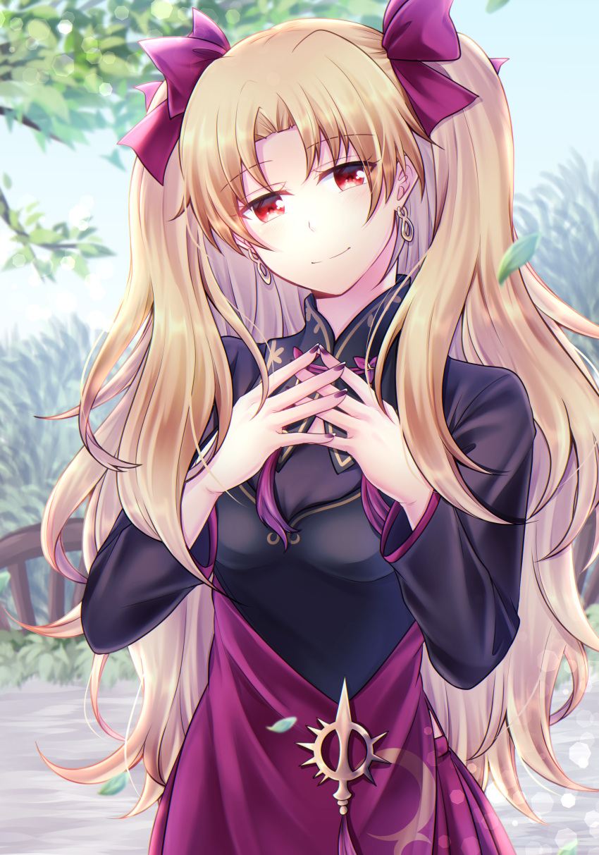 09rune absurdres asymmetrical_sleeves blonde_hair breasts dress_flower earrings ereshkigal_(fate) ereshkigal_(youming_niangniang)_(fate) fate/grand_order fate_(series) female flower highres hoop_earrings infinity_symbol jewelry long_hair long_sleeves medium_breasts meslamtaea_(weapon) parted_bangs purple_nails red_eyes red_flower smile solo two_side_up uneven_sleeves upper_body very_long_hair vietnamese_dress