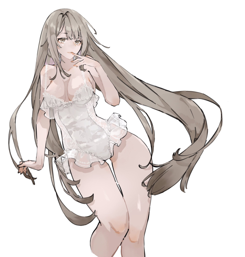 breasts brown_eyes brown_hair closed_mouth contrapposto female frilled_leotard frills hand_up highres large_breasts leotard long_hair looking_at_viewer neko_(ganecooo) original simple_background solo thigh_gap very_long_hair white_background white_leotard