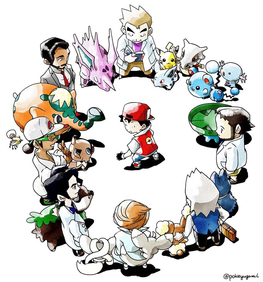 6+boys augustine_sycamore aurea_juniper azurill backwards_hat baseball_cap beard birch_(pokemon) black_gloves black_hair black_pants blue_pants blue_vest briefcase brown_hair brown_pants buneary buttons chibi cinccino commentary_request cubone cufant cutiefly dark-skinned_male dark_skin facial_hair female fingerless_gloves gloves grey_jacket grey_vest hair_bun hand_up hat jacket kukui_(pokemon) lab_coat long_sleeves lotad marill minccino multiple_boys munchlax necktie nidoran nidoran_(female) nidorino pants parted_lips pikachu pokemon pokemon_(creature) pokemon_bw pokemon_dppt pokemon_rgby pokemon_rse pokemon_sm pokemon_swsh pokemon_xy pokeyugami purple_shirt red_(pokemon) red_necktie retro_artstyle rockruff rose_(pokemon) rowan_(pokemon) samuel_oak sandals shirt shoes short_hair single_hair_bun skiddo sparse_stubble standing sugimori_ken_(style) sunglasses twitter_username vest white_shirt wooper