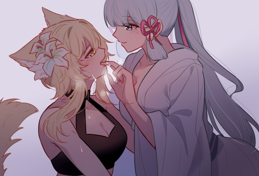 2girls animal_ear_fluff animal_ears black_bra blonde_hair blue_eyes blunt_bangs blunt_tresses blush bra breasts cleavage cleavage_cutout clothing_cutout collarbone commentary eye_contact finger_in_another's_mouth flower fox_ears fox_tail genshin_impact gradient_background grey_hair hair_between_eyes hair_flower hair_ornament halterneck highres japanese_clothes kamisato_ayaka kimono large_breasts long_hair long_sleeves looking_at_another lumine_(genshin_impact) medium_breasts mole mole_under_eye multiple_girls oerba_yun_fang open_mouth ponytail saliva short_hair short_hair_with_long_locks smile tail teeth tongue underwear white_kimono wide_sleeves yellow_eyes yuri yuutama2804