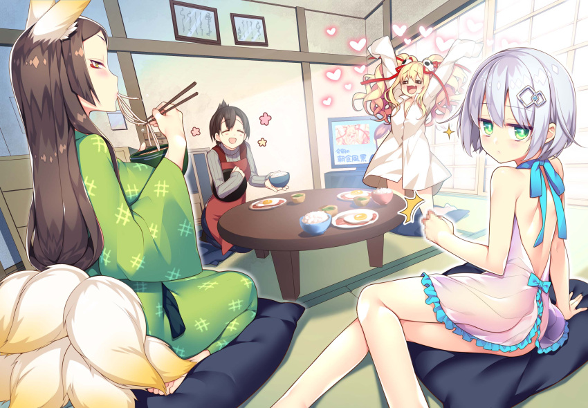 4girls :d =_= ^^^ animal_ears apron arm_support ass barefoot black_hair blonde_hair blush bottomless censored chabudai_(table) character_name chopsticks commentary_request cushion eating food fox_ears fox_tail giuniu green_eyes grey_hair hair_ornament hairclip highres holding holding_chopsticks indoors japanese_clothes jitome kimono kneeling last_boss-chan_to_no_harem_route_na_ren'ai_jijou long_hair long_sleeves looking_back mosaic_censoring multiple_girls multiple_tails naked_apron noodles novel_illustration oerba_yun_fang official_art open_mouth outstretched_arms ribbed_sweater see-through seiza short_hair sitting skull_hair_ornament sleeves_past_fingers sleeves_past_wrists smile sparkle sweater table tail tatami television textless_version tray turtleneck turtleneck_sweater twintails udon wavy_hair wide_sleeves yellow_eyes yokozuwari yukata zabuton