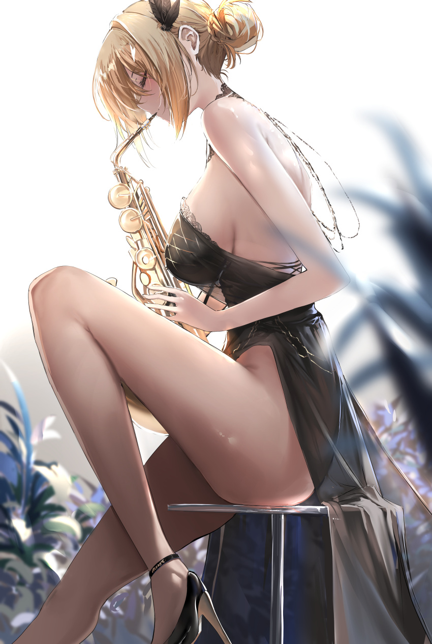 absurdres alto_saxophone azur_lane bar_stool bare_legs black_dress black_footwear blonde_hair blurry blurry_background braid braided_bun breasts closed_eyes closed_mouth dress english_commentary evening_gown feather_hair_ornament feathers female foot_out_of_frame from_side hair_bun hair_ornament high_heels highres holding holding_instrument holding_saxophone instrument leg_up liaowen music no_panties official_alternate_costume on_stool playing_instrument prince_of_wales_(a_knight's_song_a_lady's_night)_(azur_lane) prince_of_wales_(azur_lane) profile saxophone side_slit sitting sleeveless sleeveless_dress solo stool strappy_heels