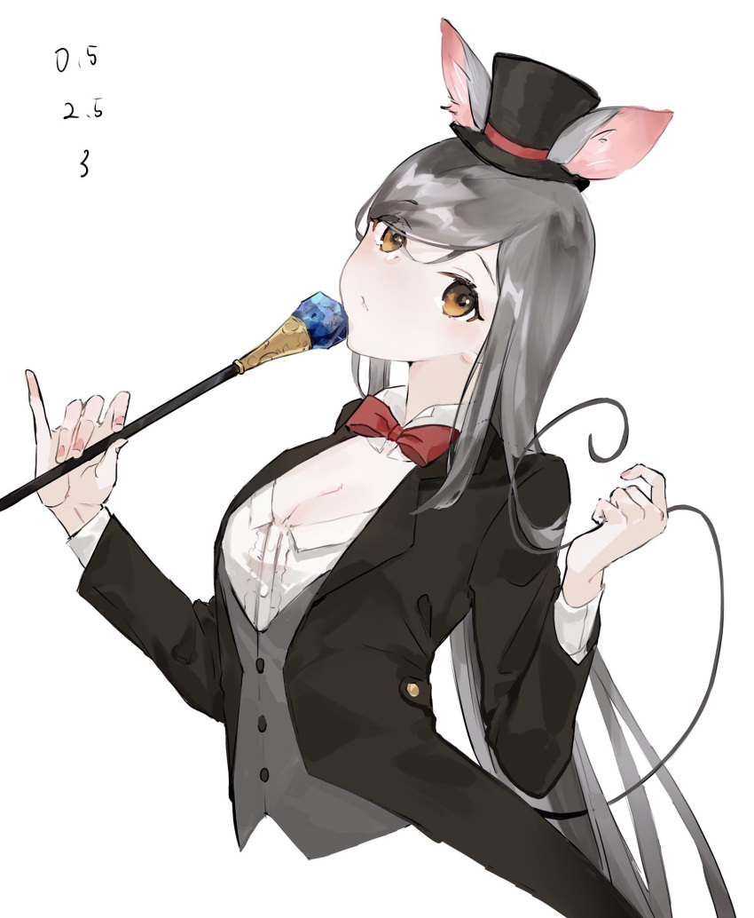 animal_ears black_coat black_hat bow bowtie breasts brown_eyes cleavage closed_mouth coat completion_time copyright_request ears_through_headwear female grey_hair grey_vest hat head_tilt highres holding holding_scepter long_hair looking_at_viewer magician medium_breasts mini_hat mini_top_hat neko_(ganecooo) red_bow red_bowtie scepter shirt simple_background solo tail tailcoat top_hat traditional_bowtie very_long_hair vest white_background white_shirt