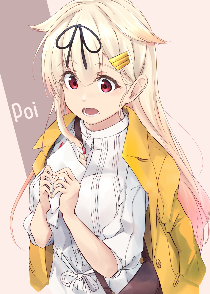 alternate_costume black_ribbon blonde_hair coat coat_on_shoulders collared_shirt female food gradient_hair hair_flaps hair_ornament hair_ribbon hairclip highres holding holding_food kantai_collection long_hair minosu multicolored_hair pink_hair poi red_eyes ribbon shirt solo white_shirt yellow_coat yuudachi_(kancolle) yuudachi_kai_ni_(kancolle)