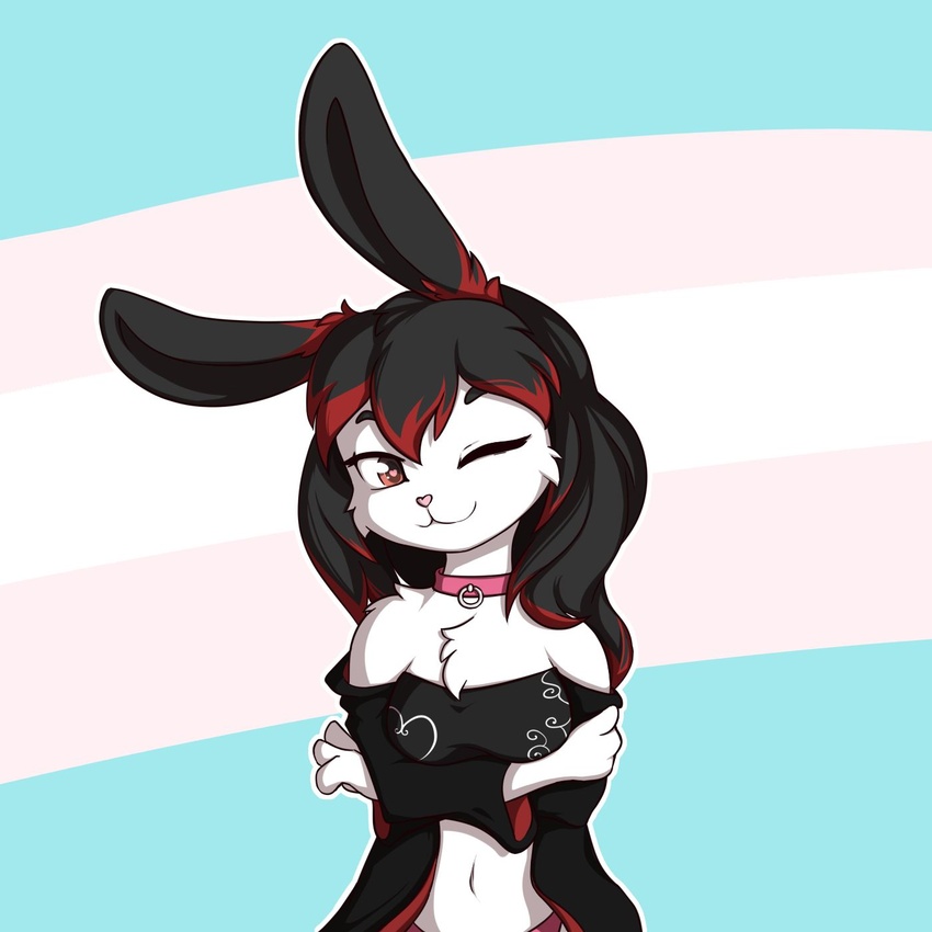 1:1 anthro clothing collar female hi_res lagomorph leporid lgbt_pride mammal moonlight_(melodicrain) one_eye_closed pride_colors rabbit simple_background smile solo theparagon transgender_pride_colors wink