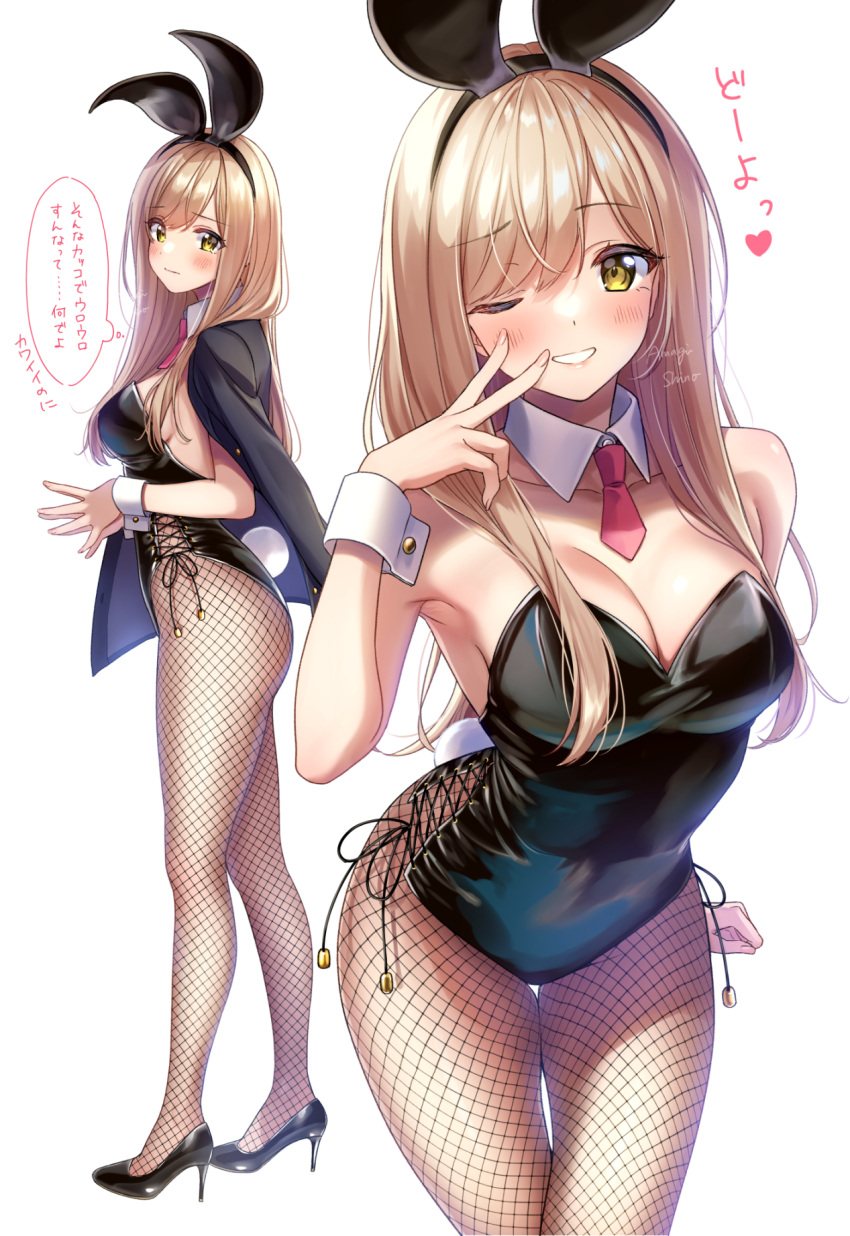 amagi_shino animal_ears artist_name blonde_hair blush breasts cleavage eyelashes female fishnet_pantyhose fishnets hair_ornament happy high_heels highres large_breasts long_hair looking_at_viewer multiple_views one_eye_closed original pantyhose playboy_bunny rabbit_ears rabbit_hair_ornament rabbit_tail signature simple_background smile standing tail v white_background wrist_cuffs