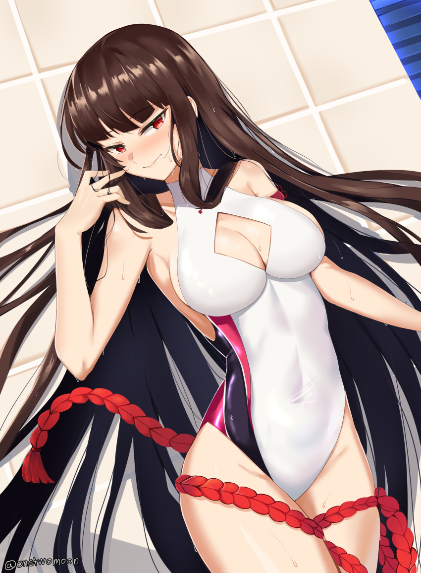 absurdres armband blunt_bangs blush breasts brown_hair cleavage cleavage_cutout closed_mouth clothing_cutout competition_swimsuit counter:side covered_navel english_commentary female highres long_hair looking_at_viewer medium_breasts official_alternate_costume one-piece_swimsuit red_eyes sidelocks smile solo swimsuit tile_wall tiles twirling_hair twitter_username twomoon very_long_hair wet white_one-piece_swimsuit yen_xing_lanchester