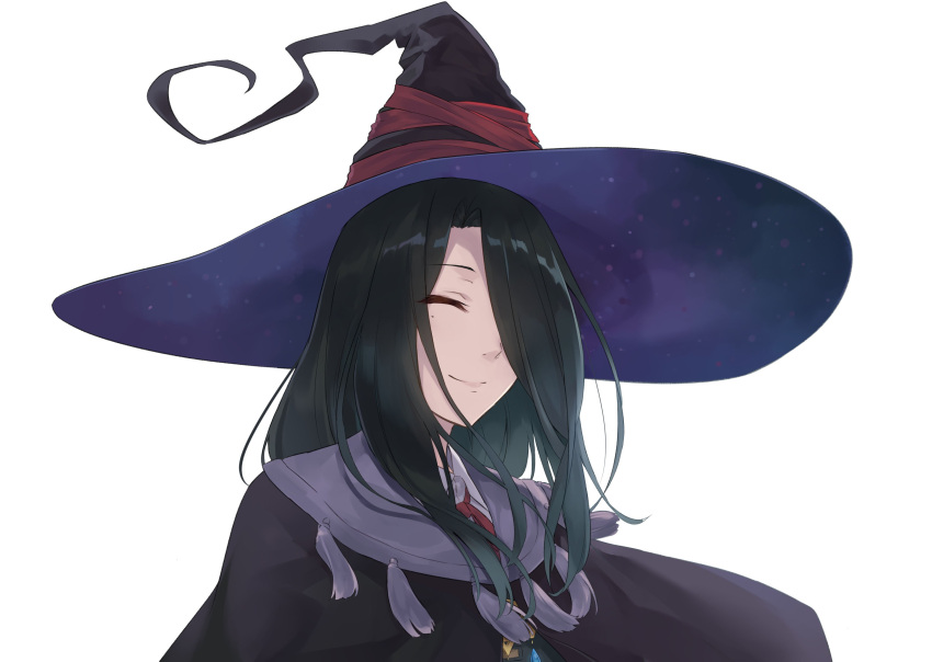 absurdres azuuru black_hair black_hat closed_eyes closed_mouth commentary_request female fran_(majo_no_tabitabi) hair_over_one_eye hat highres long_hair majo_no_tabitabi mole mole_under_eye neck_ribbon novel_illustration official_art pink_lips red_ribbon ribbon simple_background smile solo white_background witch witch_hat