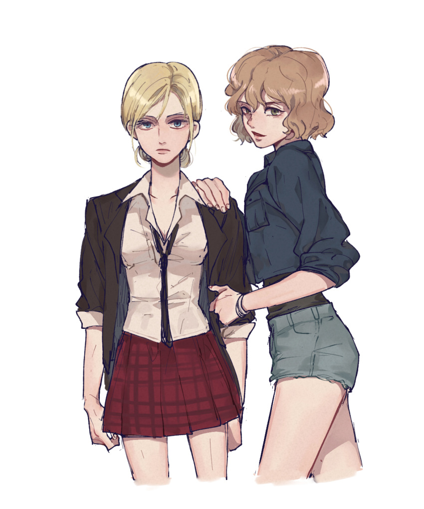 2girls annie_leonhart bad_id bad_pixiv_id black_jacket black_shirt blonde_hair blue_eyes blue_jacket breasts brown_hair cleavage collared_shirt contemporary cropped_jacket height_difference highres hitch_dreyse jacket looking_at_viewer multiple_girls necktie open_clothes photoshop_(medium) pi0w0pi ponytail shingeki_no_kyojin shirt short_hair short_shorts shorts skirt sleeves_rolled_up tied_hair unbuttoned wavy_hair yellow_eyes yuri