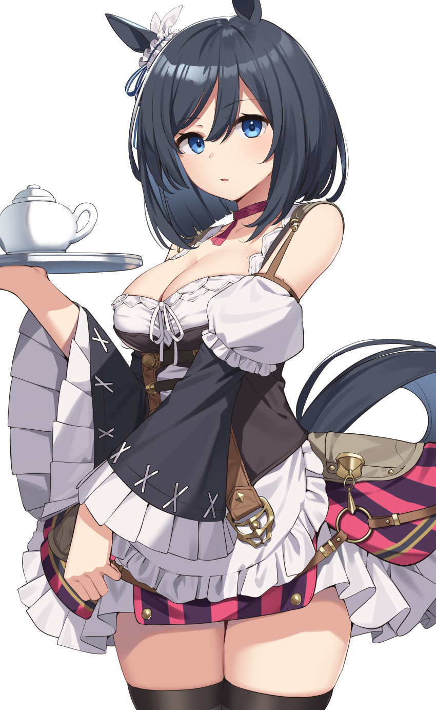 absurdres animal_ears bare_shoulders black_hair blue_eyes bob_cut breasts choker cleavage cowboy_shot detached_sleeves eishin_flash_(umamusume) female hair_between_eyes highres holding holding_tray horse_ears horse_girl horse_tail juliet_sleeves long_sleeves looking_at_viewer medium_breasts parted_lips petticoat puffy_sleeves short_hair simple_background skirt solo standing striped_clothes striped_skirt suiroh_(shideoukami) swept_bangs tail teapot thighs tray umamusume vertical-striped_clothes vertical-striped_skirt white_background wide_sleeves