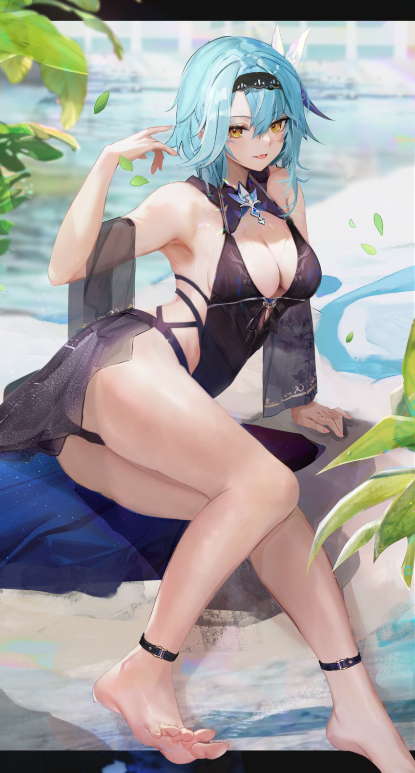 :p absurdres alternate_costume anklet arm_support bare_shoulders barefoot black_dress black_hairband blue_hair blurry blurry_background breasts cleavage commentary dress eula_(genshin_impact) feet female genshin_impact hair_between_eyes hairband highres jewelry legs looking_at_viewer medium_breasts outdoors panipo pool sitting smile solo thighs toes tongue tongue_out water yellow_eyes