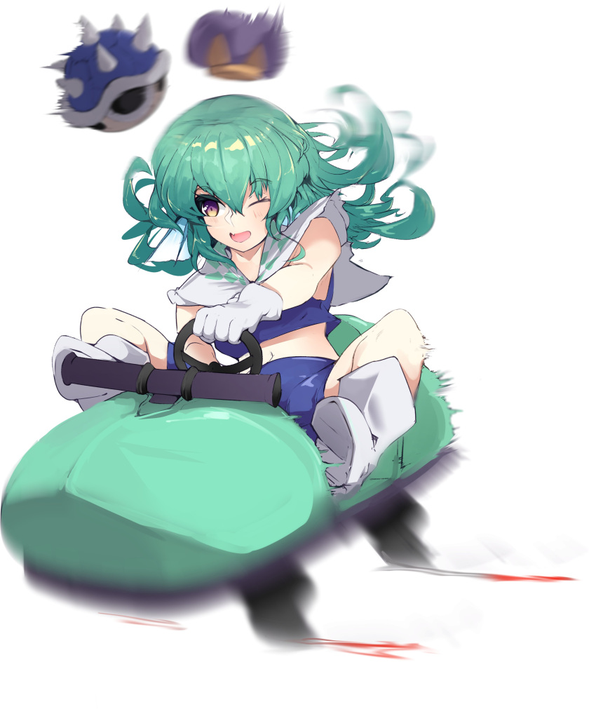 absurdres blue_shell_(mario) blush boots crop_top crown drifting driving female finana_ryugu fins fish_girl floating_hair gloves go-kart green_hair head_fins highres mario_(series) mario_kart motion_blur nanostar navel nijisanji nijisanji_en oerba_yun_fang one_eye_closed open_mouth purple_eyes sailor_collar skin_fang smile solo virtual_youtuber white_footwear white_gloves