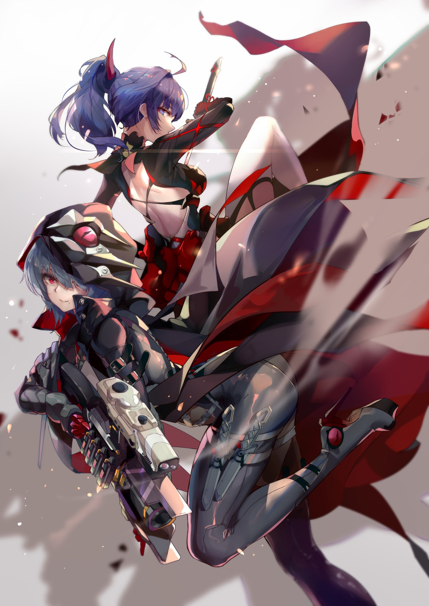 2girls absurdres back backless_outfit black_bodysuit black_cape bodysuit cape claw_ring closed_mouth grey_hair gun hair_over_one_eye high_heels highres holding holding_gun holding_sword holding_weapon honkai_(series) honkai_impact_3rd katana long_hair long_sleeves looking_at_viewer looking_back medium_hair mole mole_under_mouth multiple_girls ponytail purple_eyes purple_hair raiden_mei raiden_mei_(danzai_spectramancer) raven_(honkai_impact) red_eyes second-party_source smile smoke sword thighhighs trigger_discipline weapon white_background white_legwear zomzomzomsauce