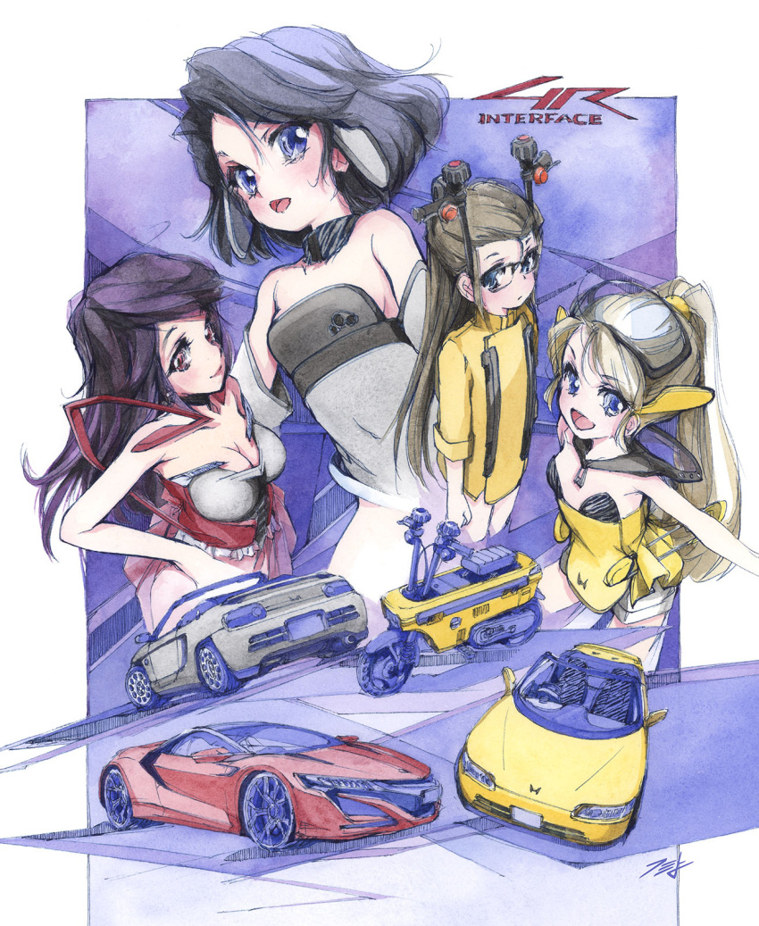 4girls beat_(hi_fumiyo) black_bra black_hair blonde_hair blue_eyes border bra breasts car cleavage comiket_98 convertible cover cover_page detached_sleeves doujin_cover dress grey_leotard hair_behind_ear hand_on_own_hip hi_fumiyo highres honda honda_beat_(syanago_collection) honda_motocompo honda_nsx jacket leotard looking_to_the_side medium_breasts minibike miniskirt motoko_(hi_fumiyo) motor_vehicle motorcycle multiple_girls original personification ponytail signature skirt small_breasts smile syanago_collection traditional_media underwear vehicle_and_personification white_border white_skirt yellow_dress yellow_jacket