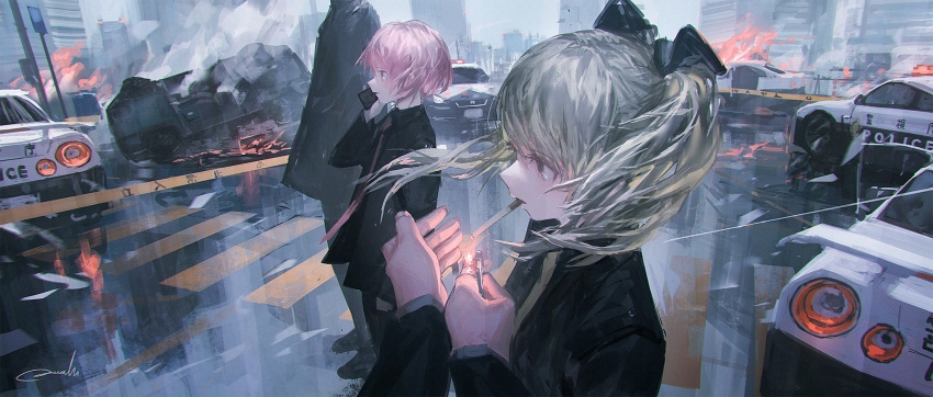 2girls black_jacket car caution_tape cigarette crossover crosswalk fire hair_ribbon highres jacket lighter motor_vehicle multiple_girls necktie nissan_gt-r original outdoors pink_hair police reoen ribbon road short_hair sports_car talking_on_phone twintails white_hair