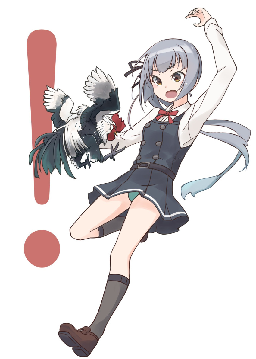 ! bird black_socks brown_eyes chicken commentary_request dress female green_panties grey_hair highres kantai_collection kasumi_(kancolle) kasumi_kai_ni_(kancolle) kneehighs long_hair long_sleeves male_chicken minosu panties pantyshot pinafore_dress red_ribbon ribbon school_uniform shirt side_ponytail simple_background sleeveless sleeveless_dress socks underwear white_background white_shirt