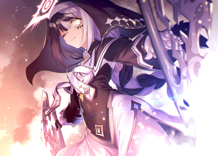 black_dress black_hair breasts commission dress female glowing glowing_eye habit halo ibuki_notsu long_hair long_sleeves looking_at_viewer multicolored_hair nun one_eye_closed original skeb_commission small_breasts solo thighs two-tone_hair violet_(ac8231) weapon white_hair