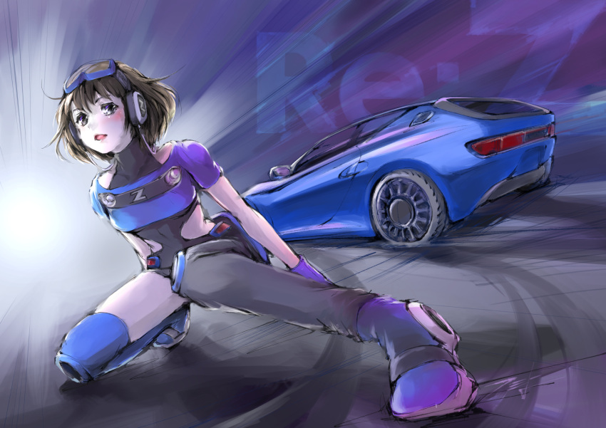 black_leotard blue_footwear blue_gloves blue_pantyhose blush breasts brown_hair car covered_collarbone female gloves goggles goggles_on_head grey_eyes headphones hi_fumiyo highres honda honda_re:z leotard looking_to_the_side motor_vehicle open_mouth original pantyhose personification short_hair single_leg_pantyhose single_thighhigh small_breasts solo thighhighs vehicle_and_personification vehicle_name waist_cutout