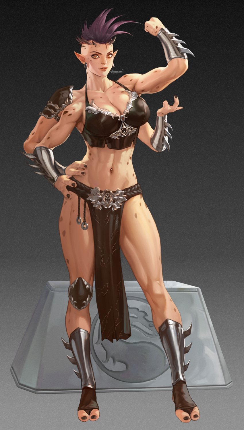 absurdres arm_guards armor black_hair black_nails bracelet breasts brown_eyes crop_top earrings english_commentary extra_arms female hands_on_own_hips highres horns jewelry knee_pads large_breasts lonwa_a midriff mohawk mortal_kombat_(series) mortal_kombat_11 navel pauldrons pelvic_curtain pointy_ears sheeva shin_guards short_hair shoulder_armor signature single_knee_pad single_pauldron solo spiked_bracelet spiked_hair spikes stirrup_legwear tall_female toeless_legwear