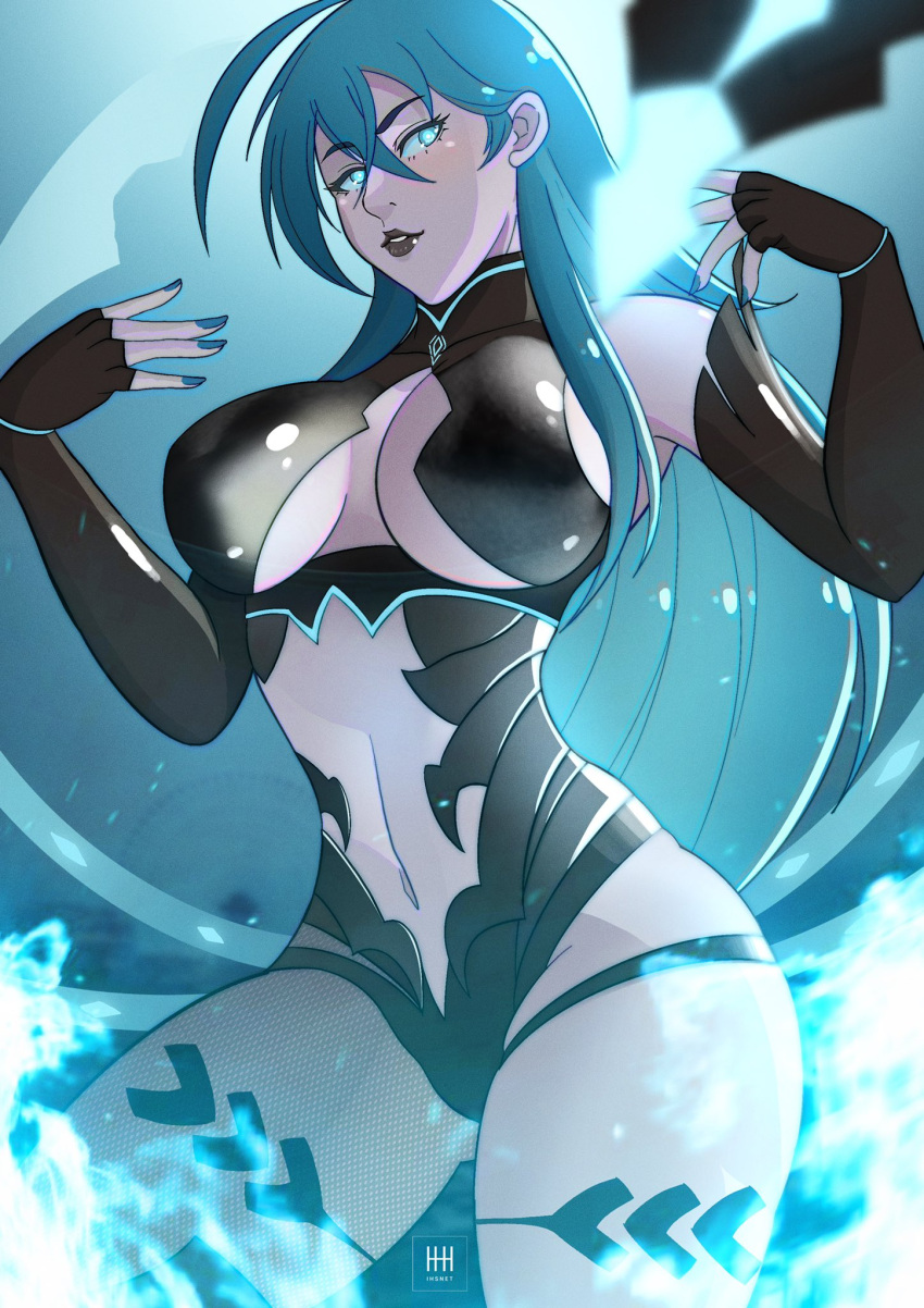 ass_visible_through_thighs black_gloves black_lips blue_eyes blue_hair blue_nails breasts cleavage cleavage_cutout clothing_cutout cosplay elbow_gloves female fingerless_gloves fire_emblem fire_emblem:_three_houses from_below gloves glowing hands_up highres hip_vent ihsnet kronya_(fire_emblem) kronya_(fire_emblem)_(cosplay) lips lipstick long_hair looking_at_viewer makeup medium_breasts midriff nail_polish navel no_pupils solo stomach_cutout thighs underboob very_long_hair vivy vivy:_fluorite_eye's_song