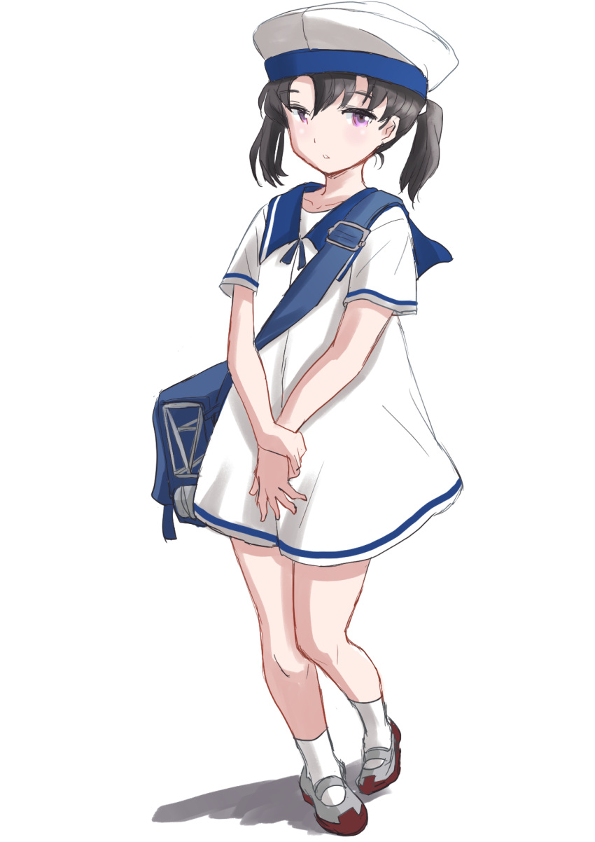 bag black_hair blue_sailor_collar collar commentary_request dress female fuji_(pixiv24804665) full_body hat highres kantai_collection purple_eyes sailor_collar sailor_dress sailor_hat shoes short_hair short_sleeves shounan_(kancolle) socks solo standing twintails uwabaki white_background white_dress white_hat white_socks