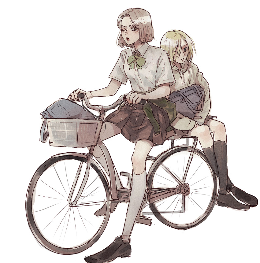 2girls aged_down alternate_costume alternate_hairstyle annie_leonhart backpack bad_id bad_pixiv_id bag bicycle blonde_hair blue_eyes bow bowtie brown_hair contemporary hair_over_one_eye highres hitch_dreyse hood hoodie multiple_girls multiple_riders one_eye_closed parody pi0w0pi school_uniform shingeki_no_kyojin short_hair sidesaddle simple_background skirt uniform yellow_eyes yuri