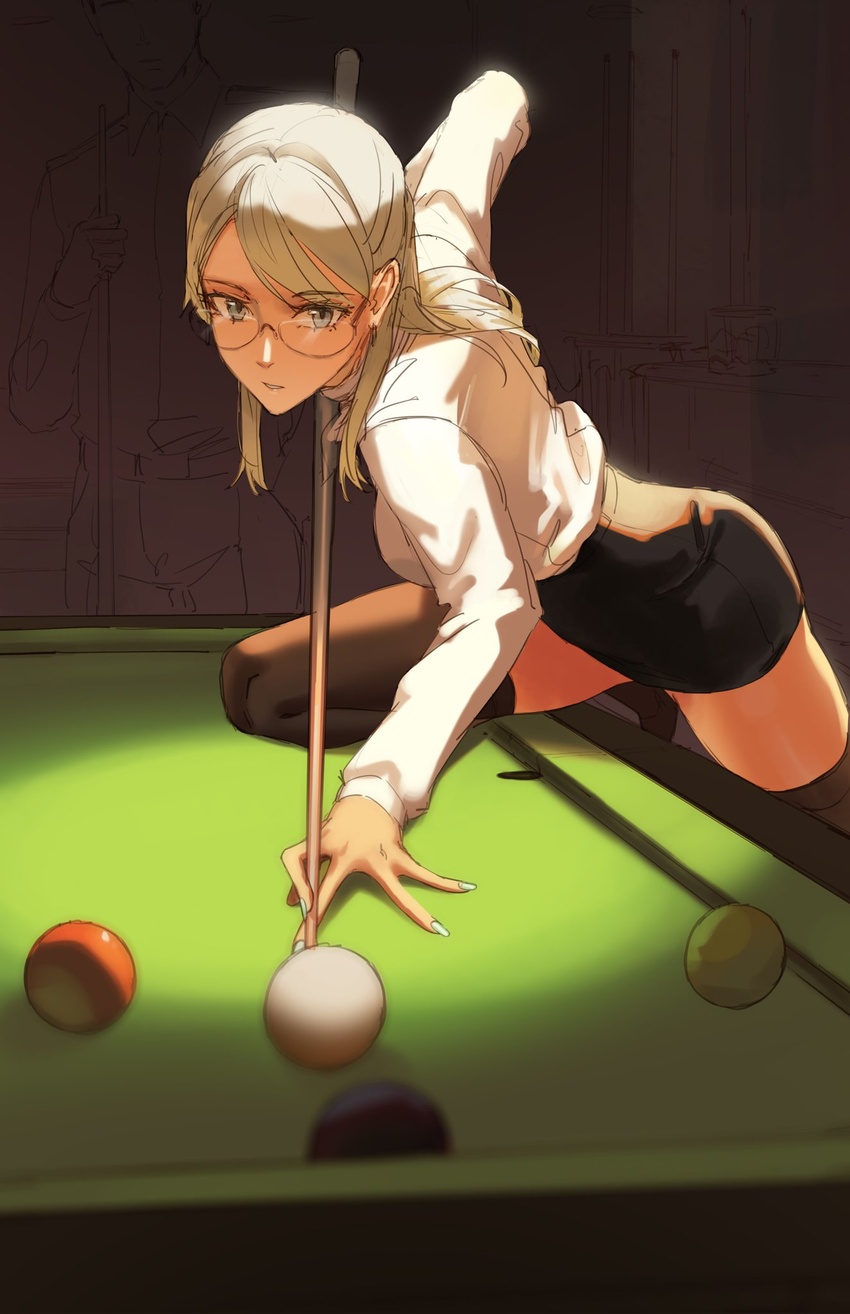 1other ball billiard_ball billiards black_skirt black_thighhighs blonde_hair blue_eyes blue_nails commentary dangodes female glasses hand_on_table highres holding_cue_stick leaning_forward looking_at_viewer medium_hair miniskirt nail_polish original parted_lips pencil_skirt pool_table semi-rimless_eyewear shirt sidelocks skirt spotlight symbol-only_commentary table thighhighs white_shirt