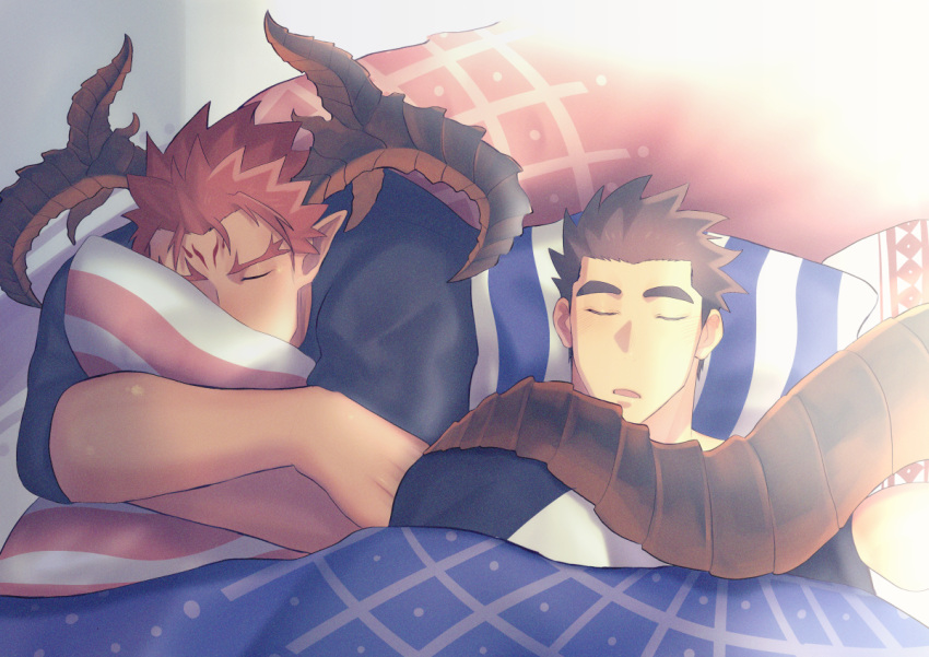 2boys bara blush chest_tattoo closed_eyes couple curled_horns dark-skinned_male dark_skin demon_boy demon_horns horns hugging_object ifrit_(housamo) interspecies kihane_atsusane lying male_focus multiple_boys on_back on_bed orange_eyes orange_hair pillow pillow_hug pointy_ears protagonist_3_(housamo) short_hair sleeping spiked_hair sunlight tail tattoo tokyo_afterschool_summoners yaoi