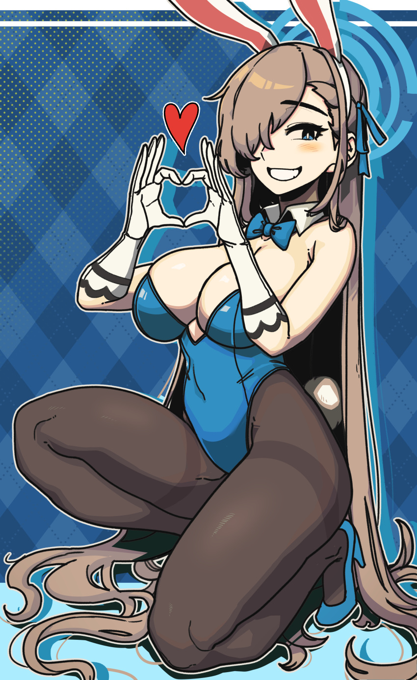 absurdres animal_ears aqua_leotard asuna_(blue_archive) blue_archive blue_background blue_bow blue_bowtie blue_leotard blush bow bowtie brown_legwear detached_collar eyebrows_visible_through_hair fake_animal_ears fake_tail female gloves hair_over_one_eye halo heart heart_hands high_heels highleg highleg_leotard highres leotard light_brown_hair looking_at_viewer masgamjya open_mouth pantyhose playboy_bunny playboy_bunny_leotard rabbit_ears rabbit_tail smile solo strapless strapless_leotard tail teeth white_gloves