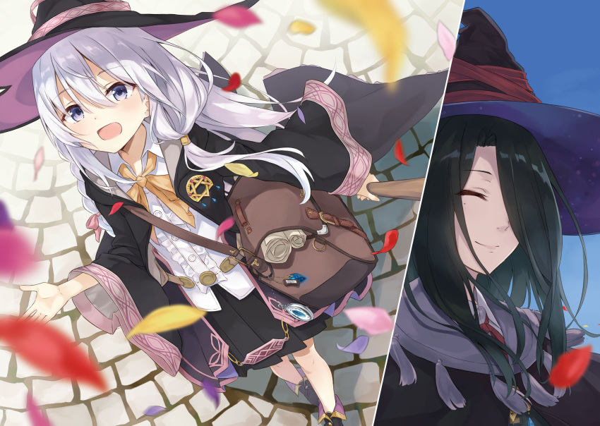 2girls :d absurdres azuuru bag bare_legs black_coat black_footwear black_hair black_headwear black_skirt blue_eyes blush bow braid broom brown_bag closed_eyes coat collared_shirt commentary_request day elaina_(majo_no_tabitabi) flower fran_(majo_no_tabitabi) grey_hair hair_between_eyes hair_over_one_eye hairbow hat hexagram highres holding holding_broom long_hair looking_at_viewer majo_no_tabitabi mole mole_under_eye multiple_girls neck_ribbon novel_illustration official_art open_mouth outdoors pavement petals pink_bow pink_flower pink_lips purple_flower red_flower red_ribbon ribbon scroll sett shirt single_braid skirt smile textless_version walking white_shirt witch witch_hat yellow_flower yellow_ribbon