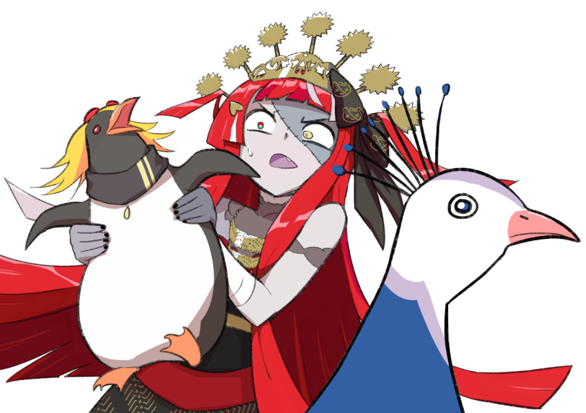 animalization bird colored_skin dress female grey_skin heterochromia hololive hololive_indonesia kaela_kovalskia kaela_kovalskia_(penguin) kureiji_ollie kureiji_ollie_(indonesian_dress) long_hair lutherniel multicolored_hair oerba_yun_fang official_alternate_costume open_mouth patchwork_skin pavolia_reine pavolia_reine_(peahen) peahen penguin red_hair simple_background stitched_face stitches very_long_hair virtual_youtuber white_background wide-eyed zombie