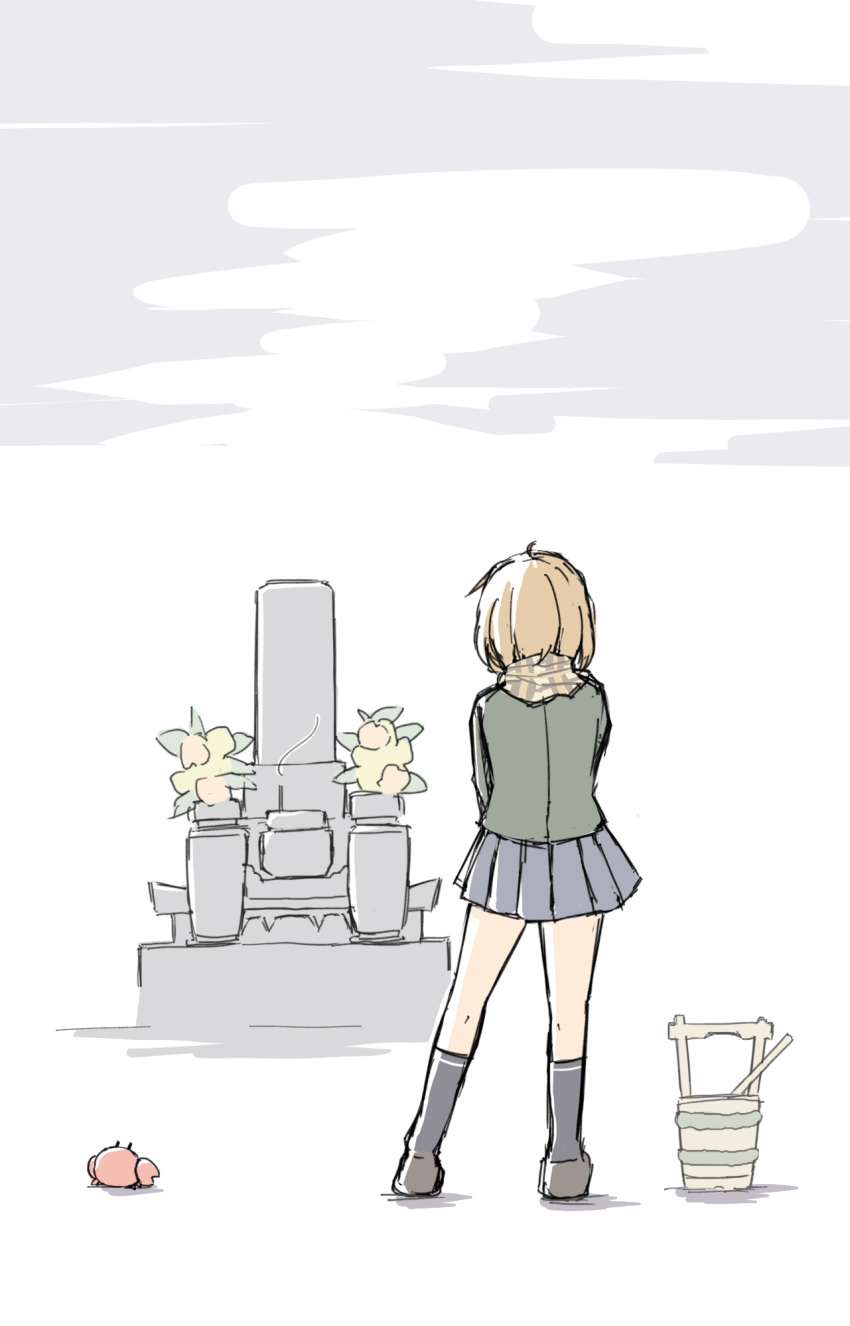 black_socks blue_skirt brown_hair bucket commentary crab female from_behind grave green_jacket highres jacket kantai_collection kneehighs oboro_(kancolle) pleated_skirt scarf short_hair skirt socks standing tatahai tombstone