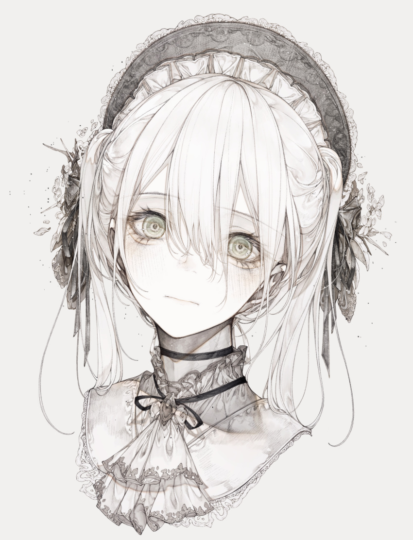 absurdres ascot blush choker closed_mouth female greyscale hair_between_eyes highres hito_komoru looking_at_viewer medium_hair monochrome original portrait simple_background solo twintails white_background