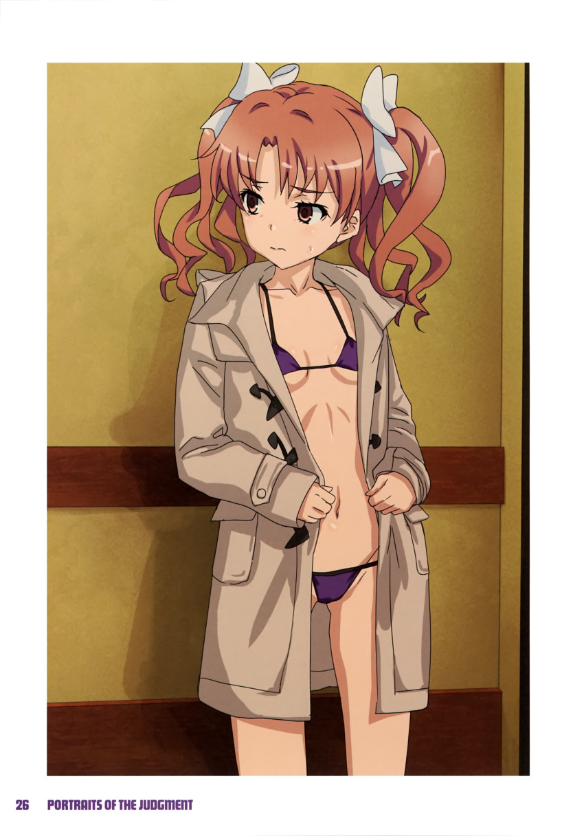 absurdres bikini blush breasts brown_coat brown_eyes brown_hair closed_mouth coat female fujikawa_daichi hair_ribbon highres indoors long_hair navel non-web_source purple_bikini ribbon shirai_kuroko small_breasts solo sweatdrop swimsuit toaru_kagaku_no_railgun toaru_majutsu_no_index twintails