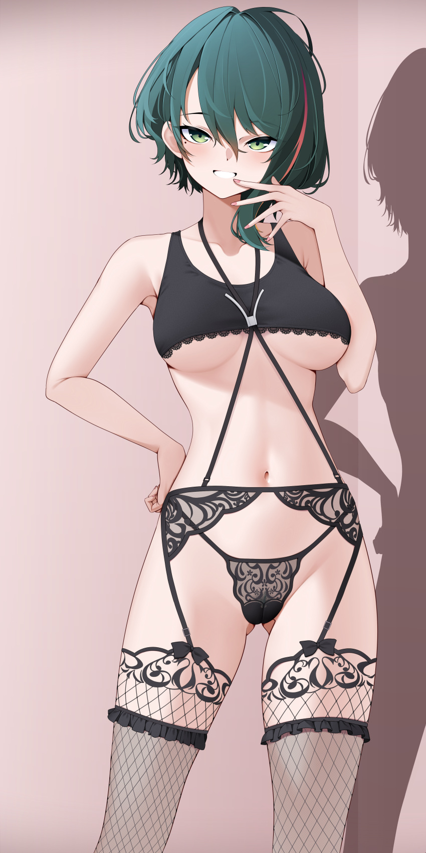 absurdres ass_visible_through_thighs bare_shoulders black_panties black_tank_top black_thighhighs blush breasts cleavage collarbone dead_or_alive dead_or_alive_xtreme female fishnet_thighhighs fishnets frilled_thighhighs frills garter_belt green_eyes green_hair grin hair_between_eyes hand_on_own_hip highres lace-trimmed_thighhighs lace_garter_belt large_breasts lingerie looking_at_viewer mole mole_under_eye multicolored_hair navel panties red_hair short_hair smile solo stomach streaked_hair tamaki_(doa) tank_top teeth thighhighs underboob underwear z.taiga