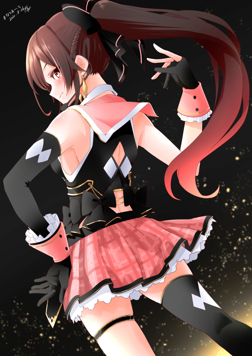 .live absurdres alternate_costume alternate_hairstyle bow brown_hair detached_sleeves earrings female gashitani gloves hairbow highres jewelry lights looking_at_viewer looking_back microphone ponytail red_eyes single_thighhigh sleeveless solo stage thighhighs virtual_youtuber yaezawa_natori