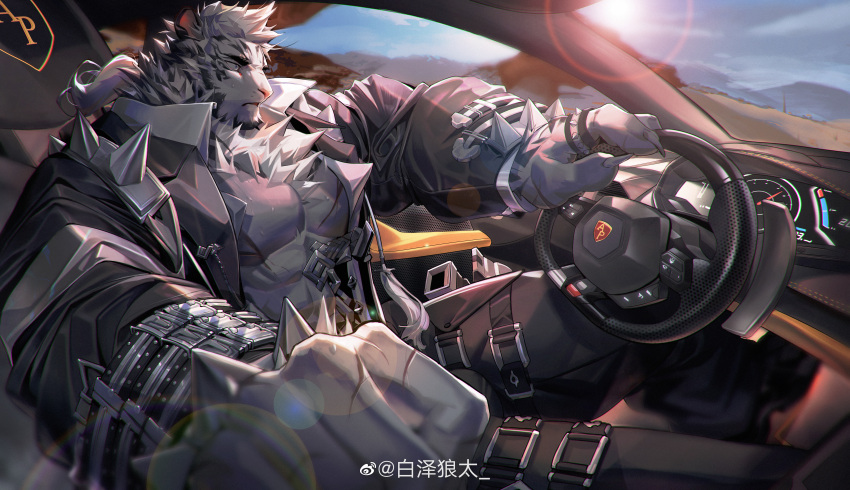 1boy abs absurdres animal_ears arknights baizelangtai_(hallyswift) bara bare_pectorals black_pants bulge car_interior chest_hair chest_tuft driving foreshortening furry furry_male harness highres jacket male_focus medium_hair mountain_(arknights) mountain_(dark_cloud)_(arknights) muscular muscular_male official_alternate_costume open_clothes open_jacket pants pectorals scar scar_on_chest scar_on_hand shirt solo stomach sunlight sweat tied_hair tiger_boy tiger_ears tight_clothes tight_pants tight_shirt white_fur white_hair