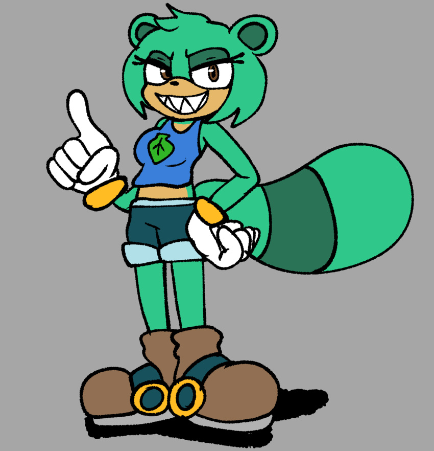 anthro breasts brown_eyes canid canine clothed clothing dezmine21 dezza_(dezmine21) digital_media_(artwork) female footwear fur gloves green_body green_fur hair handwear hi_res looking_at_viewer mammal midriff open_mouth raccoon_dog sega sharp_teeth simple_background smile solo sonic_the_hedgehog_(series) tanuki teeth topwear