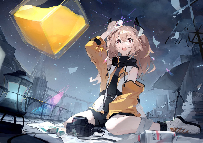 arm_up blonde_hair blush book book_stack brown_eyes building camera city commentary_request cube female hair_between_eyes holding horns jacket kagase_uno kodamazon long_hair night off_shoulder open_clothes open_jacket open_mouth orange_jacket outdoors shoes shorts sitting smile solo spray_can twintails versen virtual_youtuber wariza white_footwear yellow_eyes