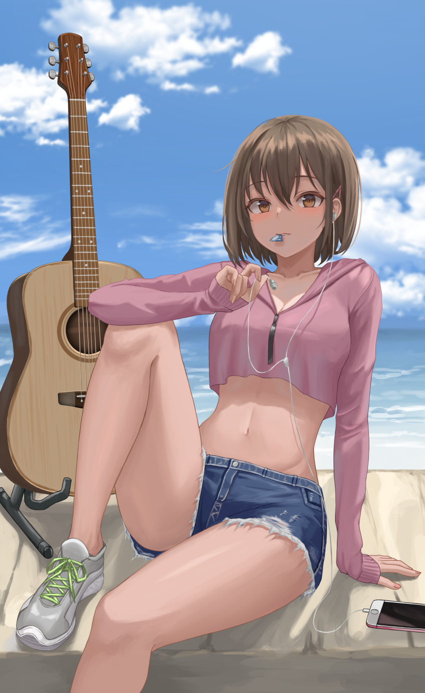 absurdres arm_support ass blue_shorts breasts brown_eyes brown_hair cellphone cleavage collarbone commentary crop_top crop_top_overhang cropped_hoodie cutoffs day denim denim_shorts earphones female grey_footwear guitar hair_ornament hairclip highres hood hoodie instrument iphone knee_up long_sleeves looking_at_viewer medium_breasts midriff mouth_hold navel no_socks original outdoors parted_lips phone pink_hoodie pink_shirt plectrum plectrum_in_mouth shirt shoes short_hair short_shorts shorts sitting smartphone sneakers solo stomach symbol-only_commentary thighs yj_(yojo_san)