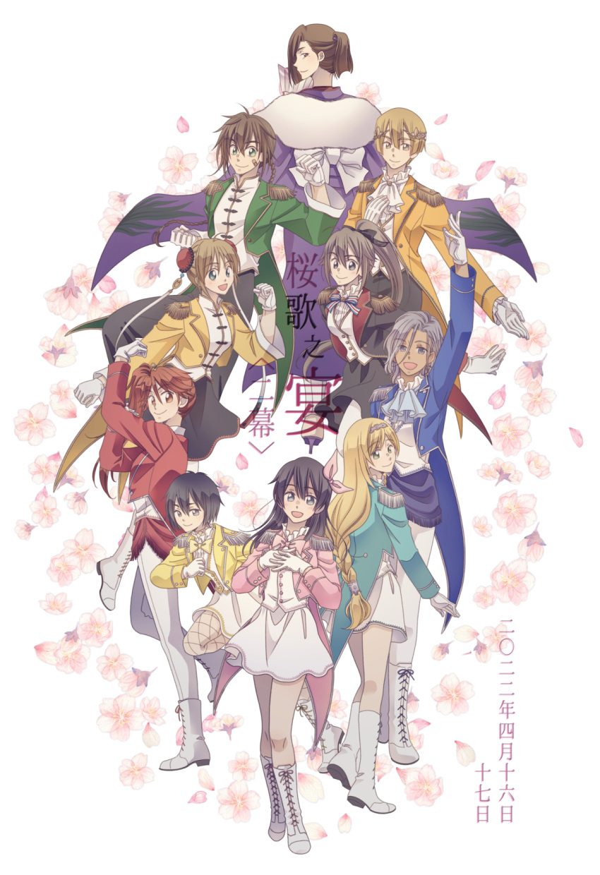 2boys 6+girls amamiya_sakura anastasia_palma arthur_(shin_sakura_taisen) ascot black_eyes black_hair blonde_hair blue_ascot blue_jacket bow brown_eyes brown_hair clarissa_snowflake dark-skinned_female dark_skin gloves green_jacket grey_hair hair_behind_ear hairbow highres huang_yui jacket kanzaki_sumire katsuki_(fudepenclub) lancelot_(shin_sakura_taisen) long_hair looking_at_viewer mochizuki_azami mole mole_under_eye multiple_boys multiple_girls pants pink_bow pink_jacket red_eyes red_hair sakura_taisen shin_sakura_taisen shinonome_hatsuho shirt short_hair side_ponytail skirt smile white_gloves white_pants white_shirt white_skirt yang_xiaolong_(shin_sakura_taisen) yellow_jacket