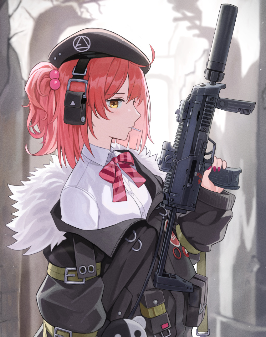 absurdres beret black_headwear black_jacket bow bowtie candy collared_shirt commission female food food_in_mouth girls'_frontline gun h&k_mp7 hat heckler_&_koch highres holding holding_gun holding_weapon jacket junshiki lollipop long_sleeves magazine_(weapon) mp7_(girls'_frontline) orange_eyes ponytail red_bow red_bowtie red_hair shirt skeb_commission submachine_gun suppressor trigger_discipline upper_body weapon white_shirt